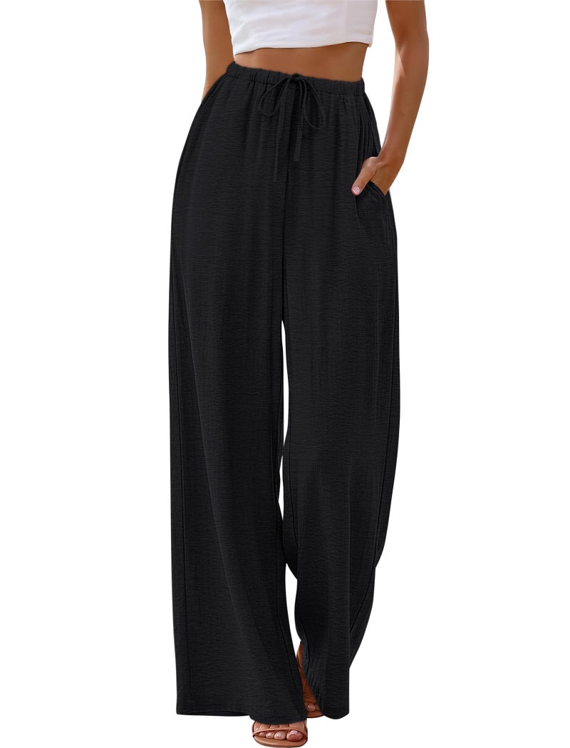 Sampeel Pants for Women Wide Leg Black Linen Pants Flowy Palazzo Fashion Clothing Boho Summer Vacation Outfits Cruise 2026 Beach Pant Business Casual Outfits Work Trousers M - Image 2