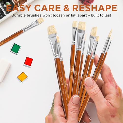 DUGATO 10pcs Short Handle White Hog Hair Artist Paint Brush Set by DUGATO Perfect for Acrylic Oil Gouache Watercolor, Painting Brushes Kit for Kids, Adults Fabulous for Canvas & Fabric - Image 4