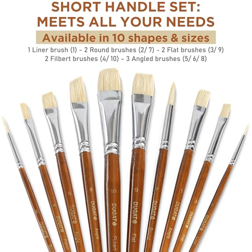 DUGATO 10pcs Short Handle White Hog Hair Artist Paint Brush Set by DUGATO Perfect for Acrylic Oil Gouache Watercolor, Painting Brushes Kit for Kids, Adults Fabulous for Canvas & Fabric - Image 2