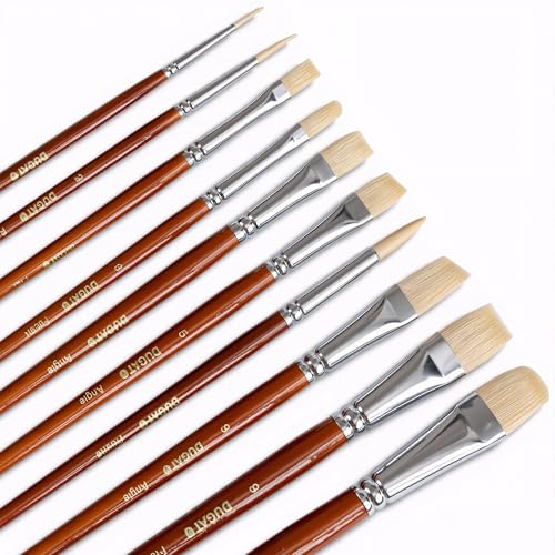 DUGATO 10pcs Short Handle White Hog Hair Artist Paint Brush Set by DUGATO Perfect for Acrylic Oil Gouache Watercolor, Painting Brushes Kit for Kids, Adults Fabulous for Canvas & Fabric - Image 1