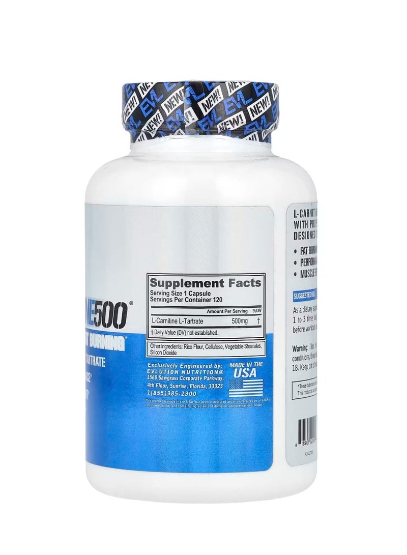 EVLUTION NUTRITION L-Carnitine500, 500 mg 120 Capsules - Image 2