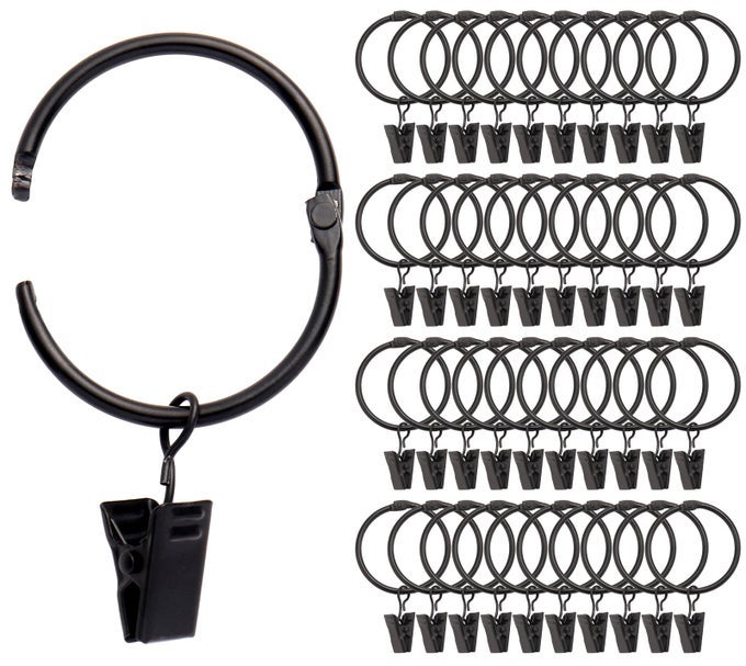 40 PACK RINGS CURTAIN CLIPS RUSTPROOF METAL WINDOW DRAPERY DECORATIVE CLIPS VINTAGE HEAVY DUTY EYELET CURTAIN RODS HANGERS RINGS WITH HOOKS 15IN INNER DIAMETER BLACKOPEN