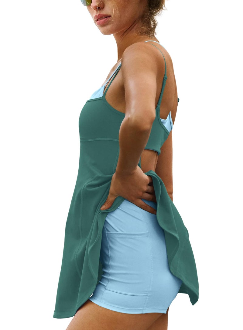 Yanekop Womens Tennis Dress with Built in Shorts and Bra Athletic Dresses Golf Outfits Spaghetti Strap Workout Dress(Dark Green,M) - Image 2