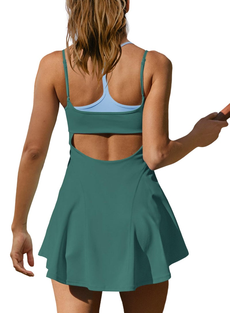 Yanekop Womens Tennis Dress with Built in Shorts and Bra Athletic Dresses Golf Outfits Spaghetti Strap Workout Dress(Dark Green,M) - Image 4