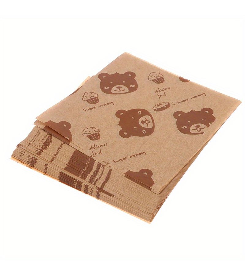 100 Sheets Khaki Wax Paper Bear Design For Sandwiches Hamburgers Fried Chicken - Image 1