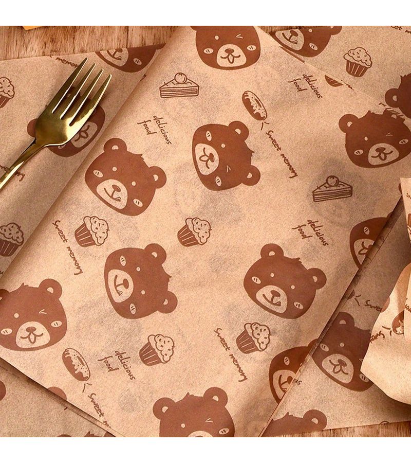 100 Sheets Khaki Wax Paper Bear Design For Sandwiches Hamburgers Fried Chicken - Image 3