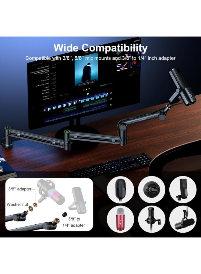 FlashHawk Microphone Boom Arm, Low Profile Mic Stand 360° Rotatable Desk Mount For Blue Yeti,Snowball iCE,HyperX QuadCast,SoloCast,Elgato Wave,Etc - Image 2