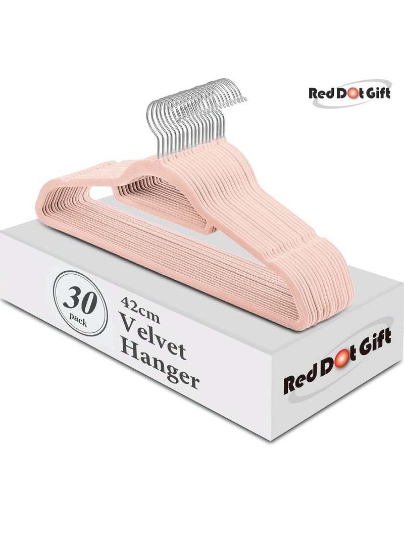Red Dot Gift 30 Pieces 42cm Pink Non-Slip Velvet Clothes Hanger with 360 Degree Rotatable Hook, Durable and Slim - Image 1