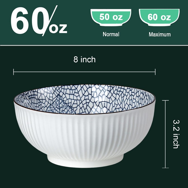 QINLANG Large Soup Bowls, Pho & Ramen Set of 3, 60 oz Blue & White Porcelain - Leaf Pattern - Image 2