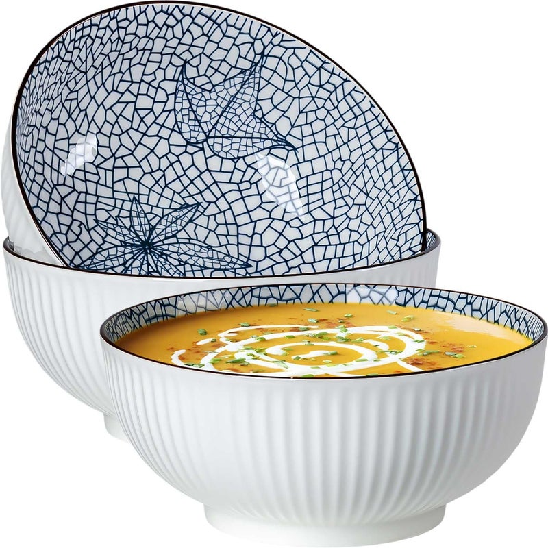 QINLANG Large Soup Bowls, Pho & Ramen Set of 3, 60 oz Blue & White Porcelain - Leaf Pattern - Image 1
