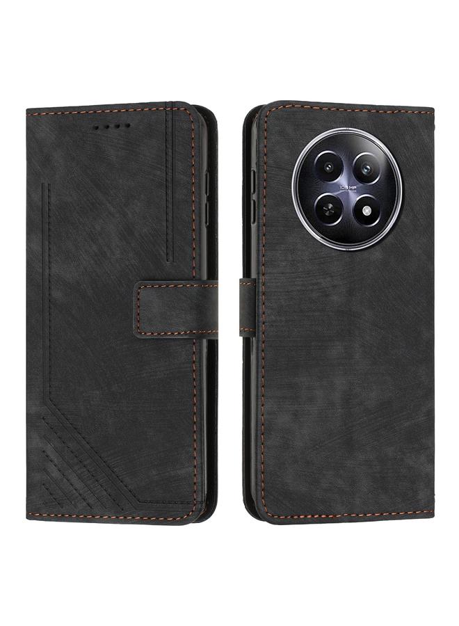 Green Tiger For Realme 12 Skin Feel Stripe Pattern Leather Phone Case with Lanyard(Black)