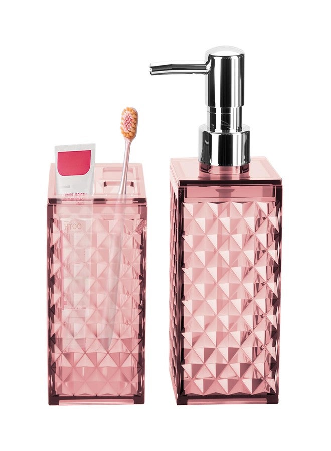 RRM Bathroom Accessories Set 2 PCS, Pink Bathroom Accessories Include Soap Dispenser and Toothbrush Holder, Diamond Pattern Bathroom Set for Boho Bathroom Decor - Image 1