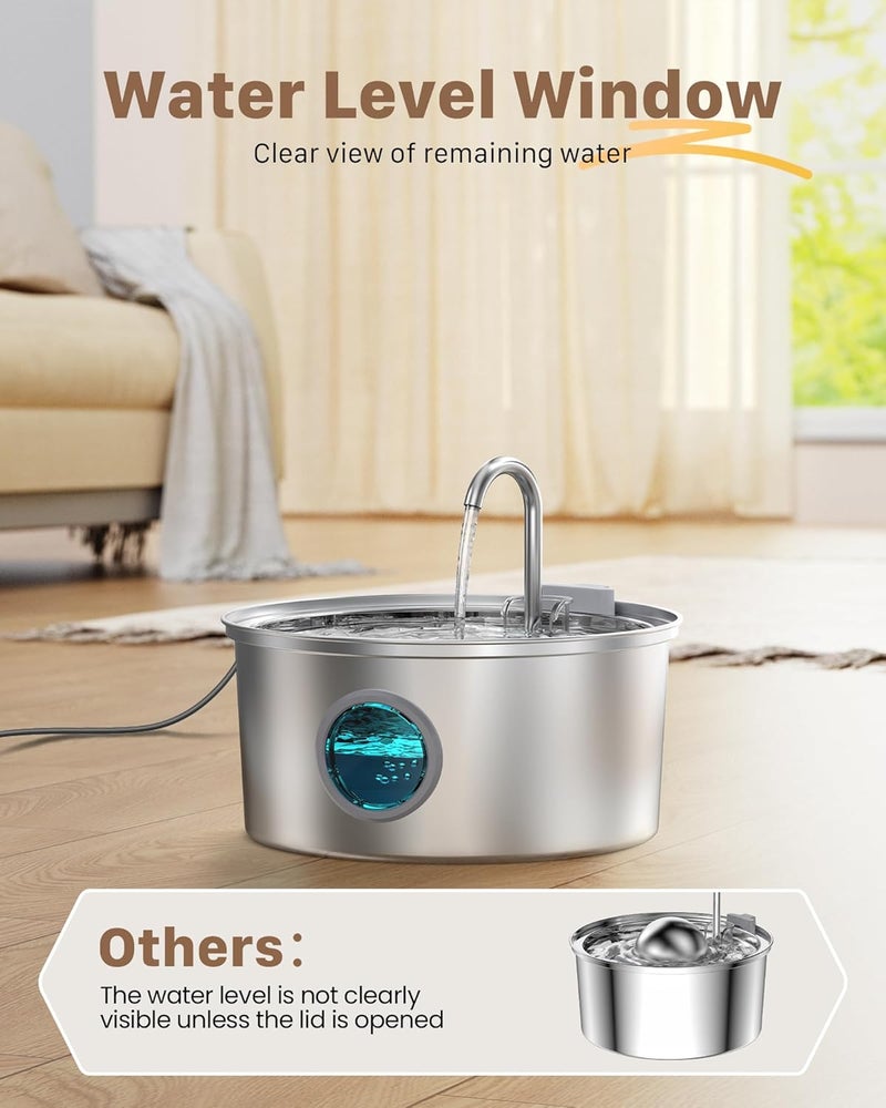 جيوتوهون نافورة قطط من الفولاذ المقاوم للصدأ للشرب للقطط: نافورة مياه للحيوانات الأليفة فائقة الهدوء سعة 3.2 لتر - نافورة شرب للقطط والكلاب مع نافذة مستوى المياه - Image 5