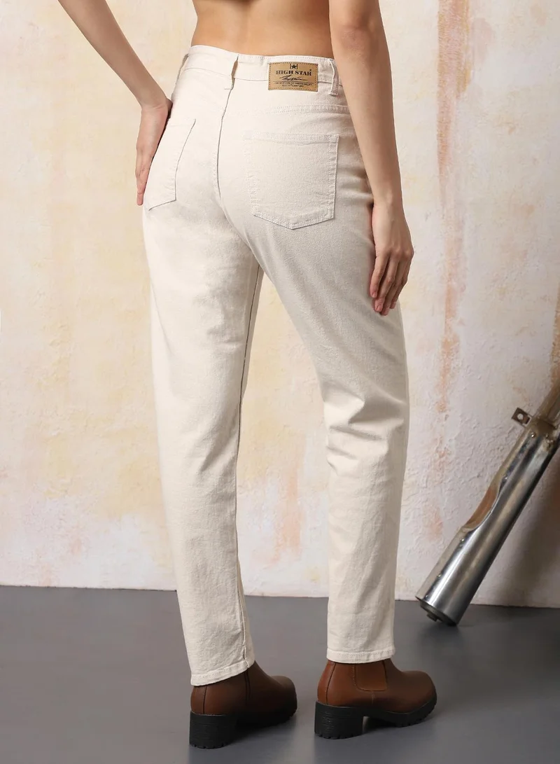 HIGH STAR Women's Beige Cotton Blend Washed Regular Length Slim Fit Jeans