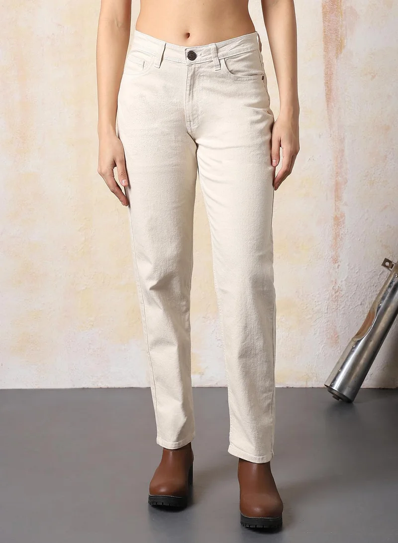 HIGH STAR Women's Beige Cotton Blend Washed Regular Length Slim Fit Jeans