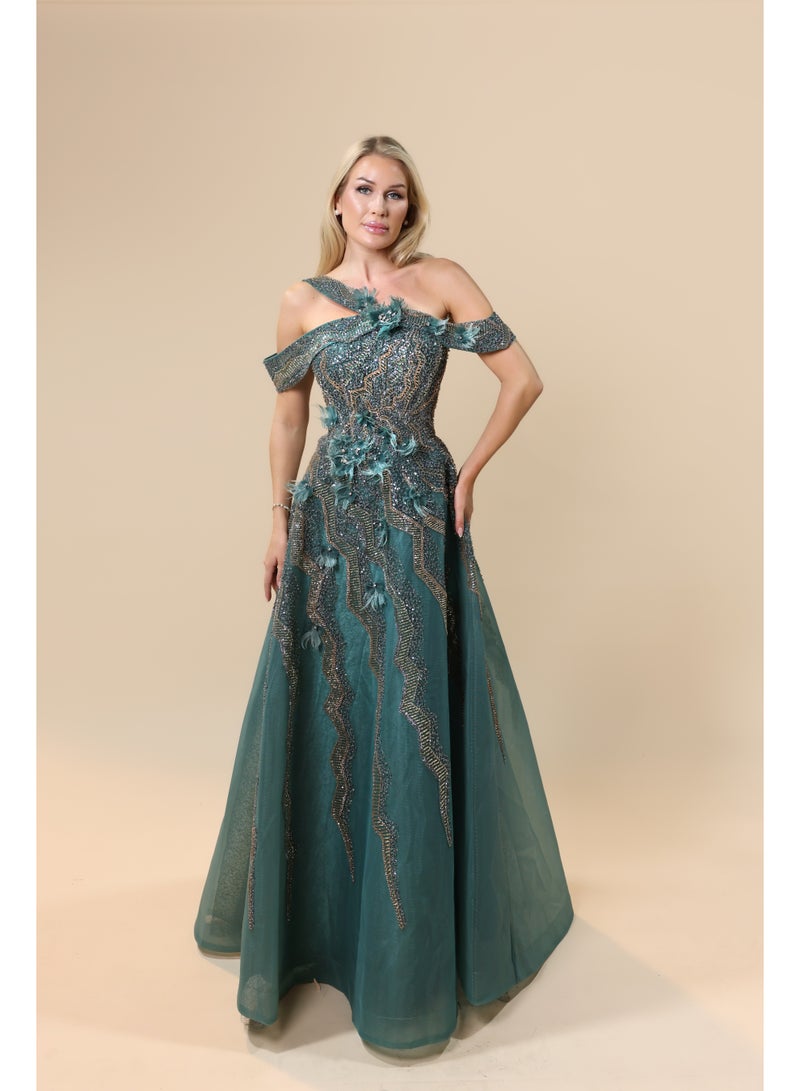FAIZ COUTURE Women's Dark Green Off-Shoulder Beaded Evening Gown - Image 1