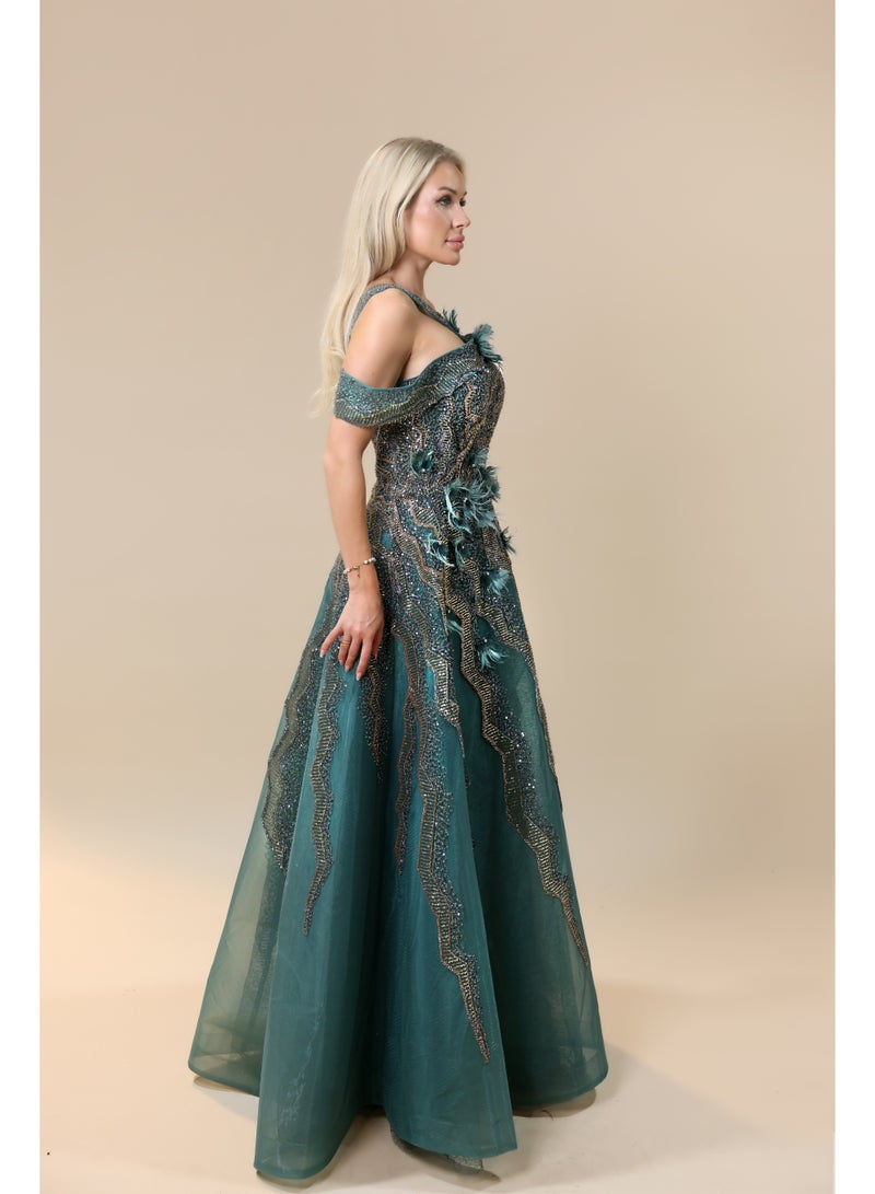 FAIZ COUTURE Women's Dark Green Off-Shoulder Beaded Evening Gown - Image 4