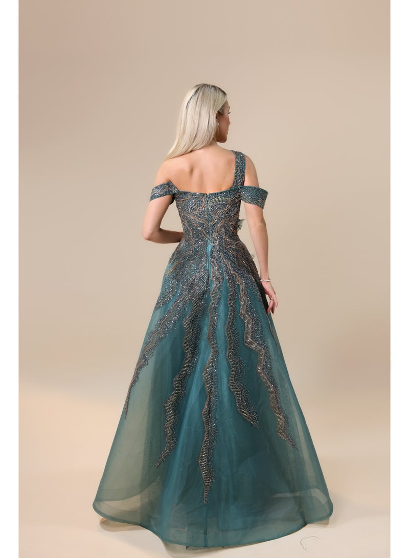 FAIZ COUTURE Women's Dark Green Off-Shoulder Beaded Evening Gown - Image 2