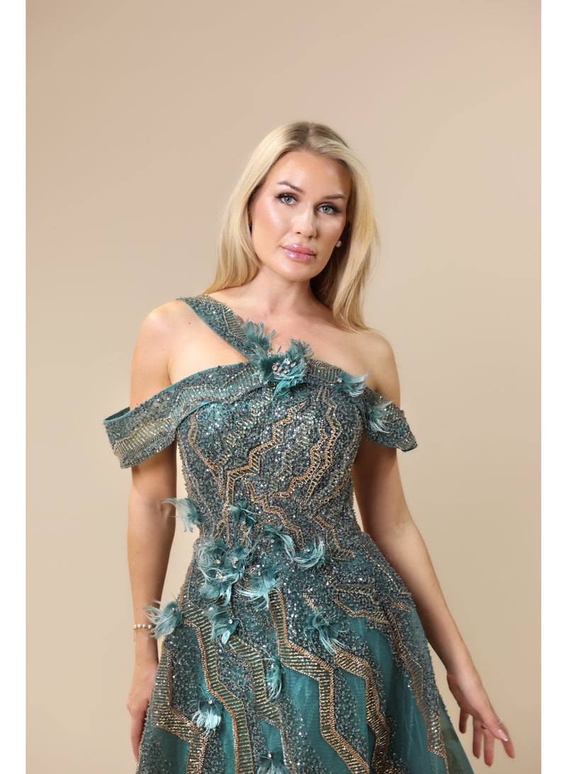 FAIZ COUTURE Women's Dark Green Off-Shoulder Beaded Evening Gown - Image 3