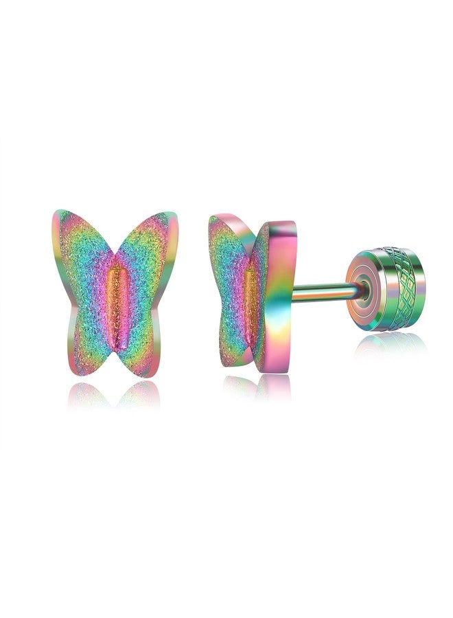 VOLUKA Titanium Star Butterfly Screw Back Earrings for Women Surgical Stainless Steel Hypoallergenic for Sensitive Ears Animal Ear Studs (Rainbow butterfly) - Image 1