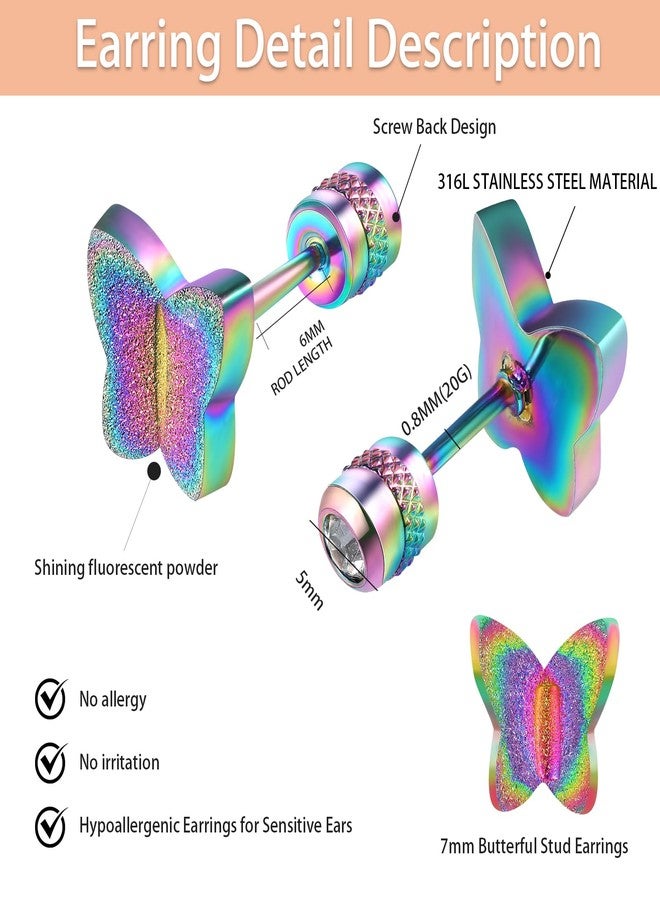 VOLUKA Titanium Star Butterfly Screw Back Earrings for Women Surgical Stainless Steel Hypoallergenic for Sensitive Ears Animal Ear Studs (Rainbow butterfly) - Image 2