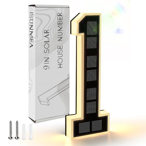 ISUNMEA 9 Inch Solar Lighted House Numbers for Outside, Light Up Waterproof LED Address Numbers Signs for Houses, Large Personalized Illuminated Exterior Modern House Numbers Light (1-Black, 9IN) - Image 1