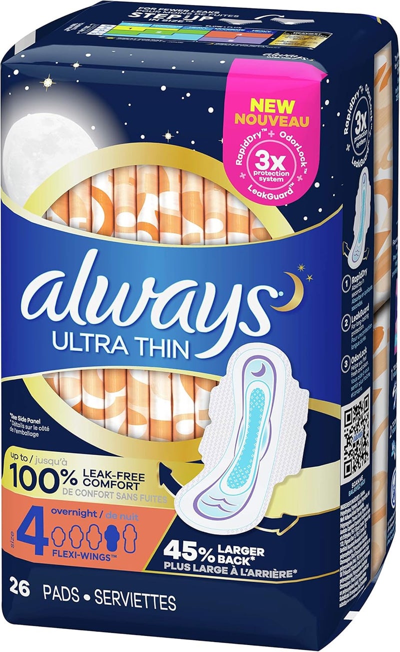 Always Ultra Thin Overnight Feminine Pads with Wings, Size 4, Unscented, 28 Count - Image 1