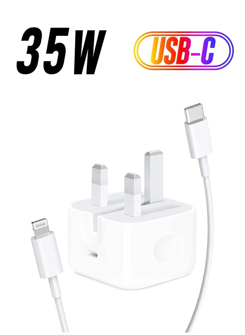 محول طاقة USB-C أصلي بقوة 35 واط – لجهاز iPhone 14، 13، 12، 11 Pro Max، 14 Plus، XS، XR، XS Max، iPad Pro، MacBook – شاحن حائط مزدوج منفذ Type C PD للشحن السريع، مقبس المملكة المتحدة - Image 1
