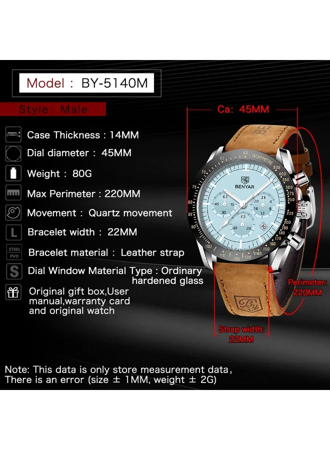 BENYAR BY BENYAR Watch for Men Analog Quartz Chronograph Waterproof Luminous Designer Mens Wrist Watches Business Work Sport Casual Dress Watch with Silicone Strap Elegant Gifts for Men