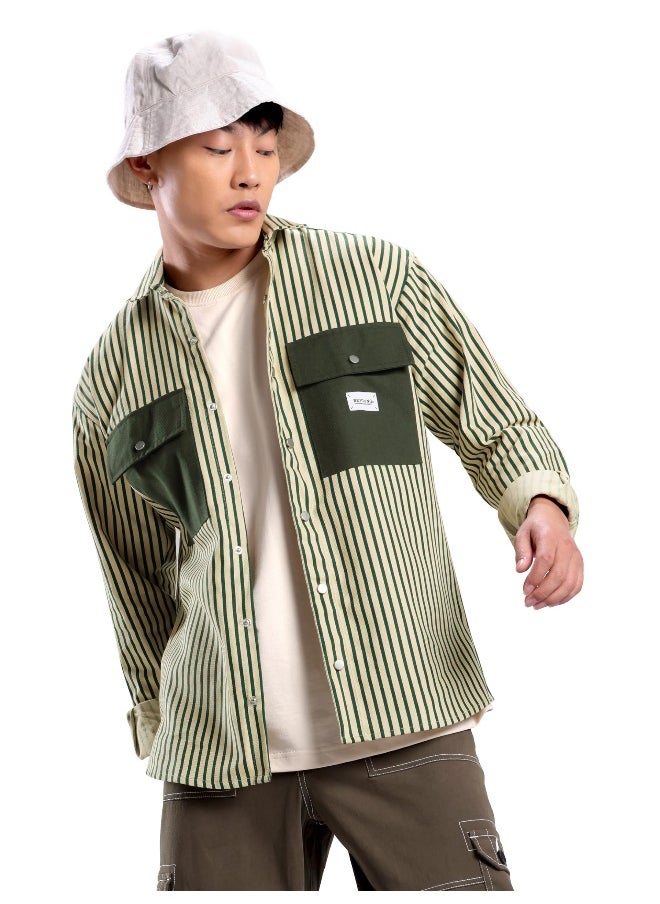 Beyoung Green Heavy Striped Urban Shirt for Men  - Image 1