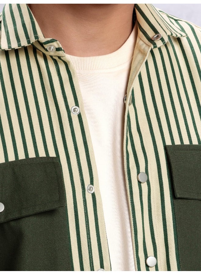 Beyoung Green Heavy Striped Urban Shirt for Men  - Image 2