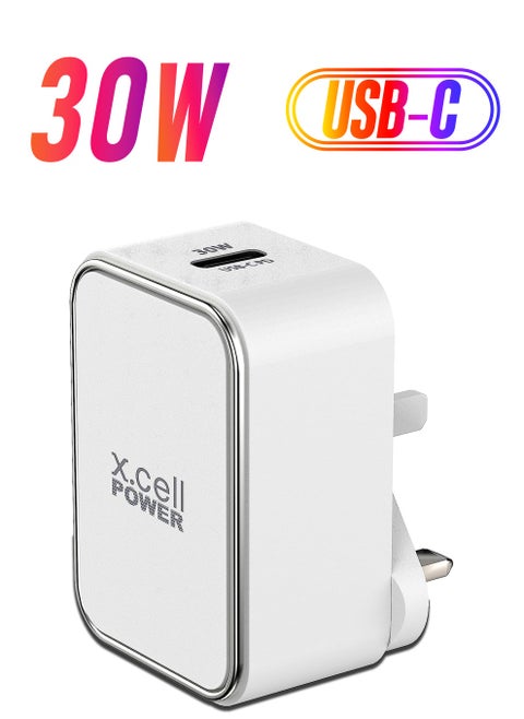 Xcell 30W USB-C Fast Charging AC Adapter with PD, USB C Plug Fast Charger Compatible with iPhone 14/13/12 series, Samsung Galaxy S22 S21 Ultra, iPad Pro etc.-White