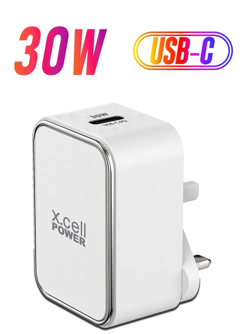 Xcell Xcell 30W USB-C Fast Charging AC Adapter with PD, USB C Plug Fast Charger Compatible with iPhone 14/13/12 series, Samsung Galaxy S22 S21 Ultra, iPad Pro etc.-White  - Image 1