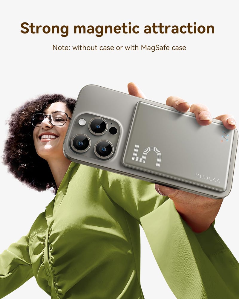 KUULAA Magnetic Power Bank for iPhone 5000mAh 20W, Magsafe Power Bank, Wireless Portable Charger External Battery Pack Compatible With iPhone 17/16/15/14/13/12 Series - Titanium - Image 5