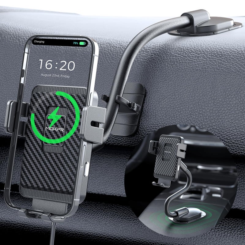 MOKPR Wireless Car Charger, Adjustable Gooseneck Car Mount Auto-Clamping Car Charger, Dashboard [with Anti Shake stabilizer] Phone Holder fit for iPhone 17 16 15 14 13 12, Samsung S24 S23 S22, etc - Image 1