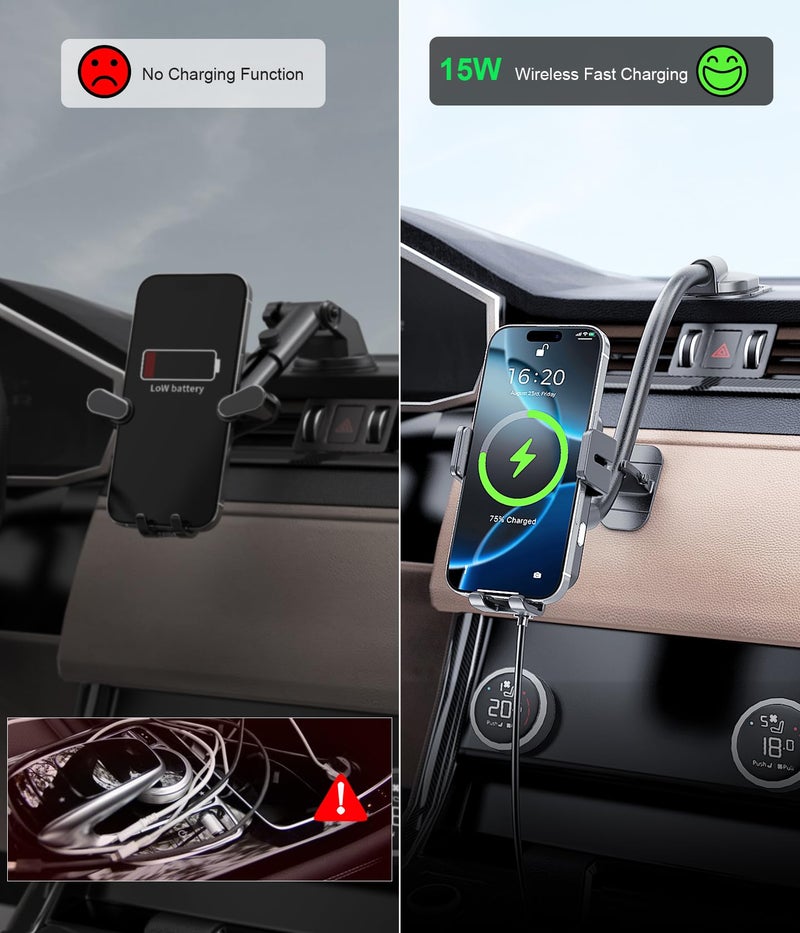MOKPR Wireless Car Charger, Adjustable Gooseneck Car Mount Auto-Clamping Car Charger, Dashboard [with Anti Shake stabilizer] Phone Holder fit for iPhone 17 16 15 14 13 12, Samsung S24 S23 S22, etc - Image 4
