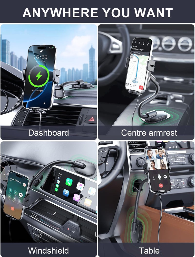 MOKPR Wireless Car Charger, Adjustable Gooseneck Car Mount Auto-Clamping Car Charger, Dashboard [with Anti Shake stabilizer] Phone Holder fit for iPhone 17 16 15 14 13 12, Samsung S24 S23 S22, etc - Image 2