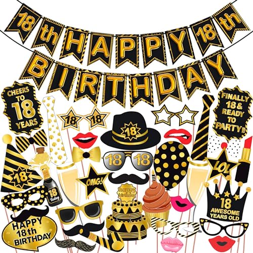 WOBBOX 18th Birthday Photo Booth Party Props Black & Golden with 18th Birthday Bunting Banner, Birthday Party Decoration, Birthday Party Item, Birthday Party Props, (Model: WOBOX1809) - Image 1