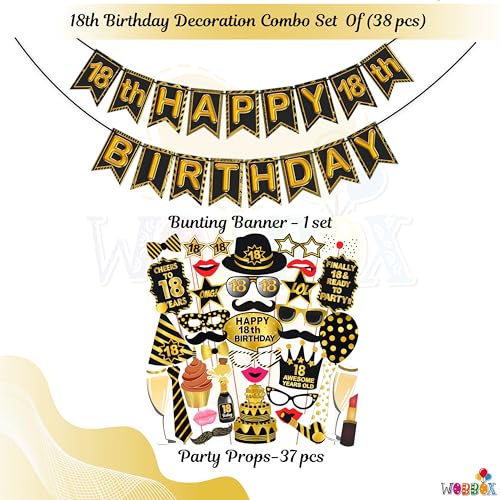 WOBBOX 18th Birthday Photo Booth Party Props Black & Golden with 18th Birthday Bunting Banner, Birthday Party Decoration, Birthday Party Item, Birthday Party Props, (Model: WOBOX1809) - Image 2