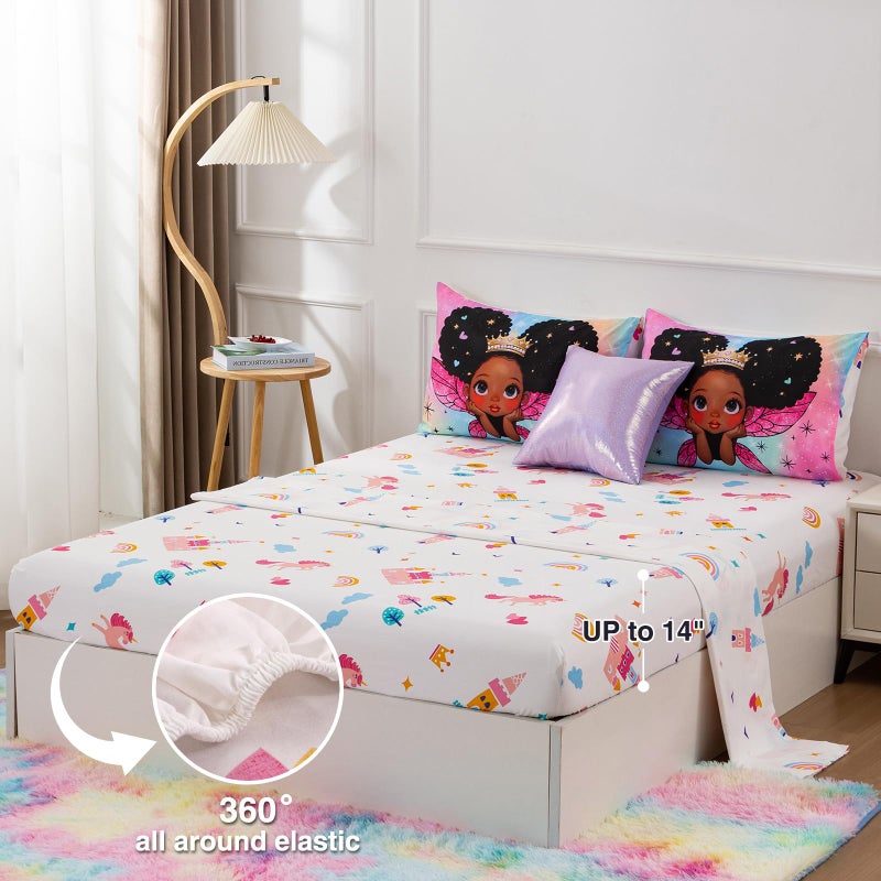 A Nice Night Black Girl Princess with Wings Comforter Set,Pink Gradient Glitter Rainbow Galaxy 6pcs Kids Bedding Set,Twin - Image 3