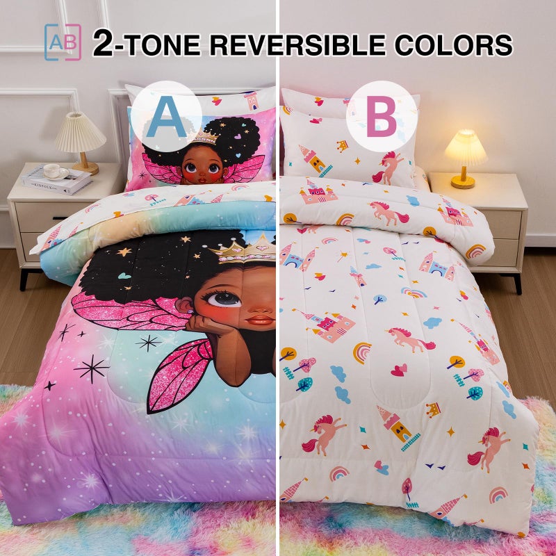 A Nice Night Black Girl Princess with Wings Comforter Set,Pink Gradient Glitter Rainbow Galaxy 6pcs Kids Bedding Set,Twin - Image 2