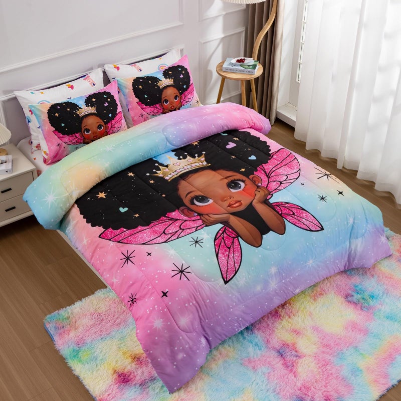 A Nice Night Black Girl Princess with Wings Comforter Set,Pink Gradient Glitter Rainbow Galaxy 6pcs Kids Bedding Set,Twin - Image 4