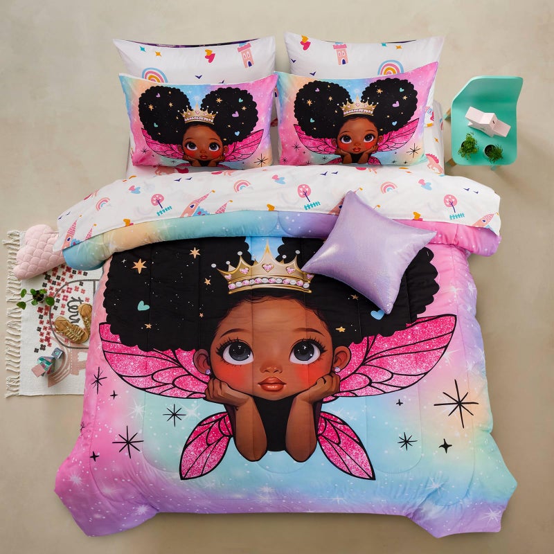 A Nice Night Black Girl Princess with Wings Comforter Set,Pink Gradient Glitter Rainbow Galaxy 6pcs Kids Bedding Set,Twin - Image 1