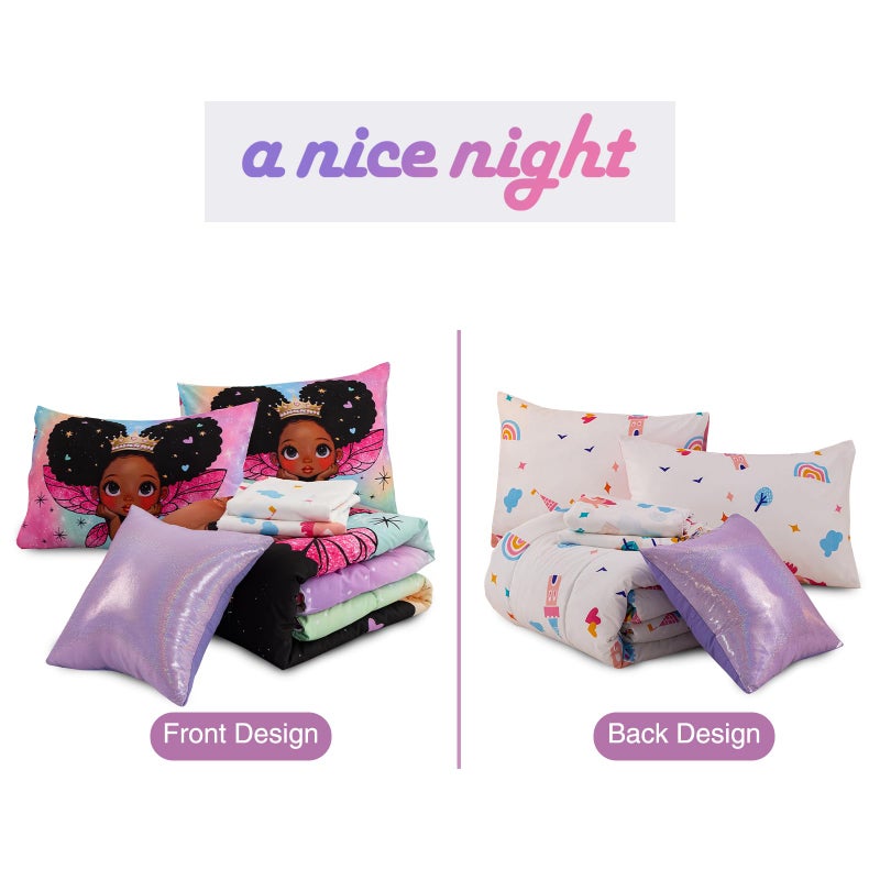 A Nice Night Black Girl Princess with Wings Comforter Set,Pink Gradient Glitter Rainbow Galaxy 6pcs Kids Bedding Set,Twin - Image 5