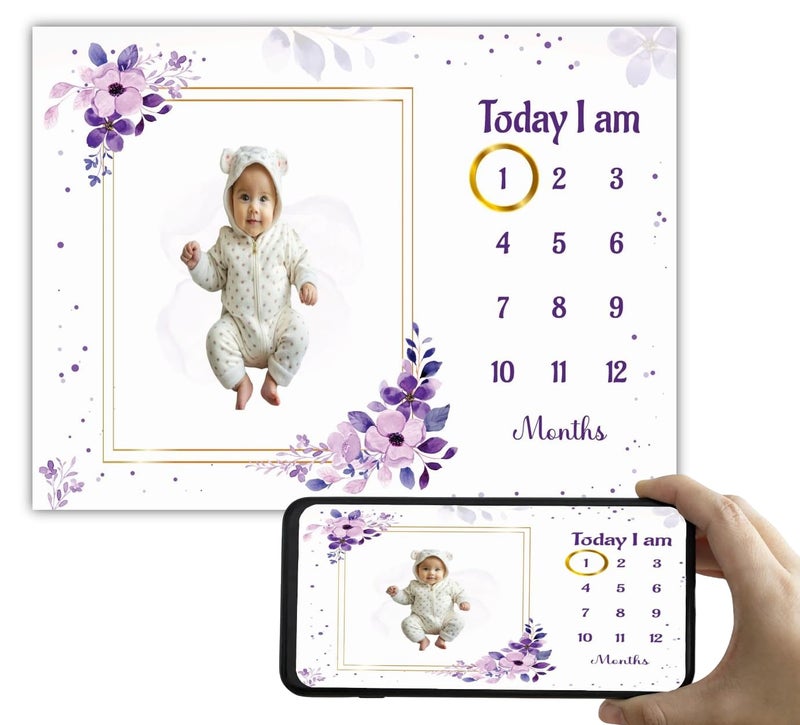 Hoolloomooloo Baby Monthly Milestone Blanket 112 Months Soft AllSeason AC Blanket Ideal for Newborn Boys Girls Perfect Growth Tracker Photoshoot Prop with Purple Floral 120x90 cm - Image 1
