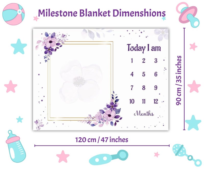 Hoolloomooloo Baby Monthly Milestone Blanket 112 Months Soft AllSeason AC Blanket Ideal for Newborn Boys Girls Perfect Growth Tracker Photoshoot Prop with Purple Floral 120x90 cm - Image 3