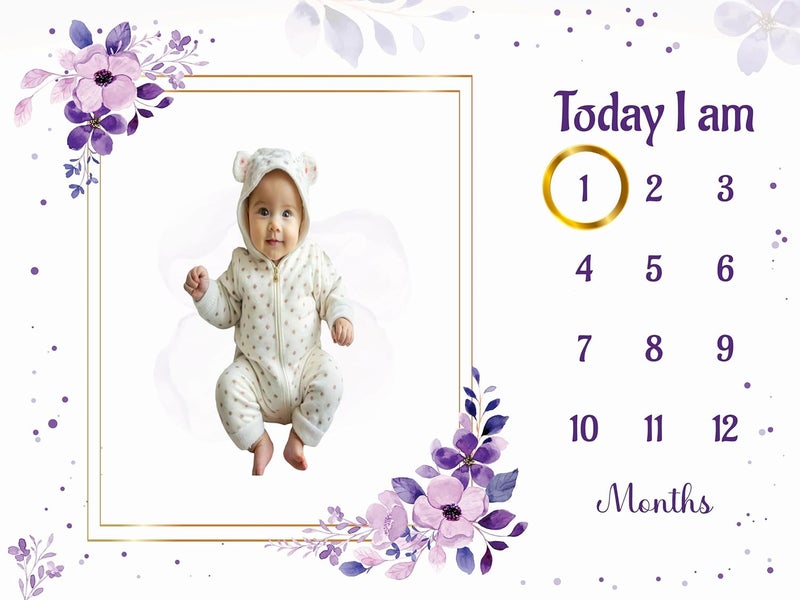 Hoolloomooloo Baby Monthly Milestone Blanket 112 Months Soft AllSeason AC Blanket Ideal for Newborn Boys Girls Perfect Growth Tracker Photoshoot Prop with Purple Floral 120x90 cm - Image 2