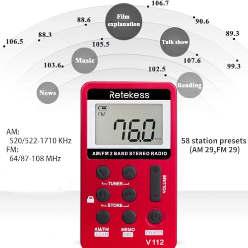 Retekess V112 AM FM Portable Pocket Radio, FM Receiver, Digital Tuning Stereo, with Headphones, Rechargeable Battery, for Walking, Jogging, Training, Church (Red) - Image 4