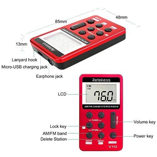 Retekess V112 AM FM Portable Pocket Radio, FM Receiver, Digital Tuning Stereo, with Headphones, Rechargeable Battery, for Walking, Jogging, Training, Church (Red) - Image 3