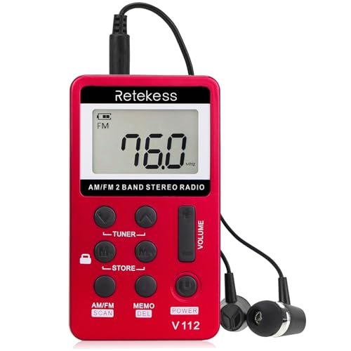 Retekess V112 AM FM Portable Pocket Radio, FM Receiver, Digital Tuning Stereo, with Headphones, Rechargeable Battery, for Walking, Jogging, Training, Church (Red) - Image 1